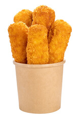 Fish fingers or fish sticks grilled, shallow deep-fried in paper bucket on white PNG File.