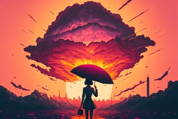 A girl with an umbrella on the background of a fiery sunset