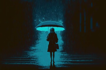 A girl in the night under an umbrella