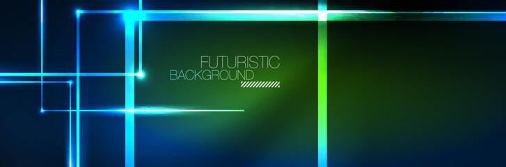 Shiny neon lights, dark abstract background with blurred magic neon light curved lines