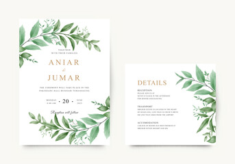 Elegant wedding invitation card with watercolor green leaves