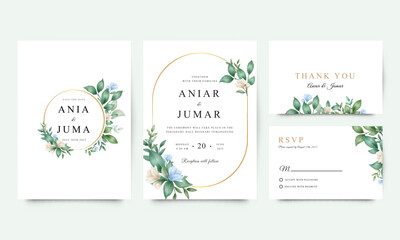 Elegant wedding invitation set template with watercolor flowers and leaves