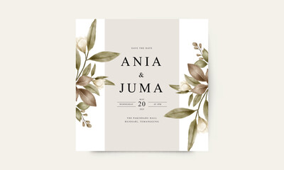 Wedding invitation card with elegant watercolor leaves