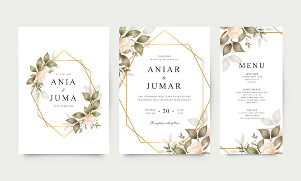 Elegant wedding invitation with golden geometric and floral arrangement