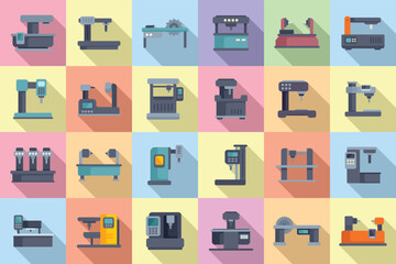Cnc machine icons set flat vector. Mill controller. Router tool