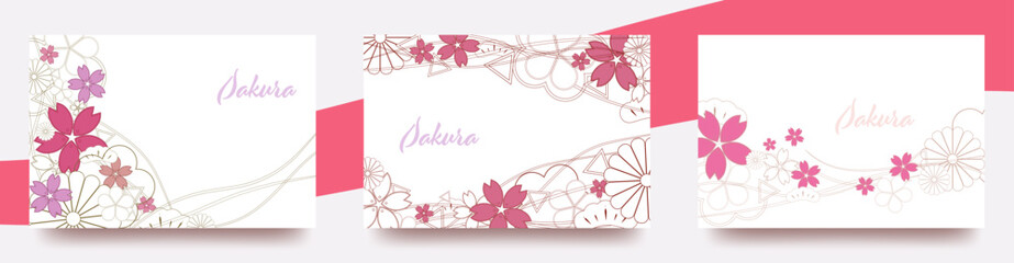 色のついた桜がメインのポストカード　和柄ベクターテンプレートカードセット/メッセージカード/背景/壁紙　松　梅　菊