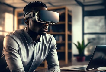 Portrait of a young black man using metaverse or virtual reality headset, generative ai illustration