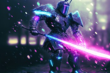 Neon knight in armor with a glowing plasma sword