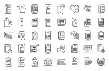 Wishlist icons set outline vector. Document page. Heart plus