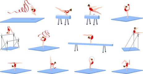 Obraz na płótnie Canvas Gymnastics equipment icons set cartoon vector. Gym practice. Training equipment