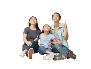 Happy smiling young asian family looking up and pointing finger blank workspace, Family have a fun time together Full body isolated background