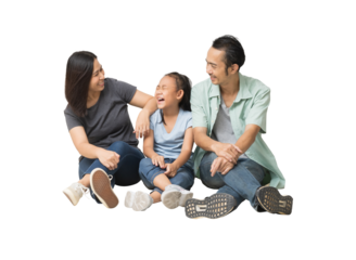 Happy smiling young asian family sitting on floor and have a fun time together, Full body isolated background