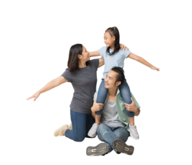 Happy smiling young asian family with neck playing sitting on floor and have a fun time together, Full body isolated background