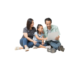Portrait of happy asian family of three people using laptop computer together a home, Full body isolated background