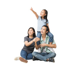 Happy smiling young asian family with neck playing sitting on floor and have a fun time together, with looking up and pointing finger blank workspace, Full body isolated background
