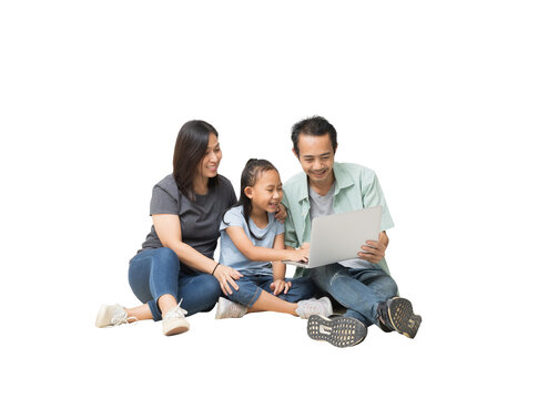 Portrait of happy asian family of three people using laptop computer together a home, Full body isolated background