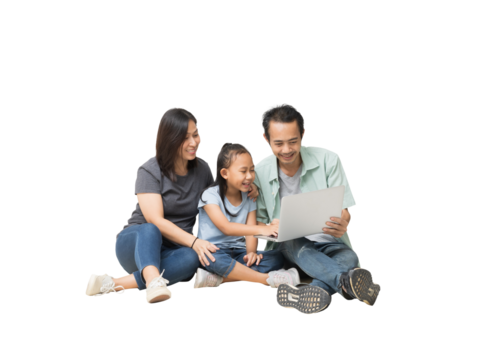 Portrait of happy asian family of three people using laptop computer together a home, Full body isolated background