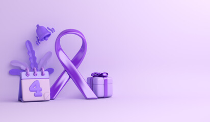 World cancer day concept with awareness lavender ribbon, gift box, notification bell, February 4th calendar decoration background, copy space text, 3d rendering illustration