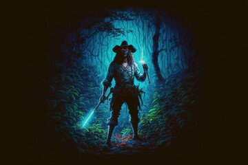 Obraz na płótnie Canvas A pirate with a flashlight walking through the dark night jungle