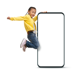 Portrait of cheerful positive girl jumping in the air with near big smart phone with blank screen workspace area,  isolated background
