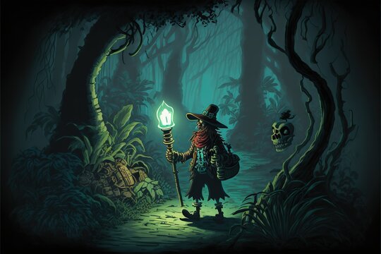 A pirate with a flashlight walking through the dark night jungle
