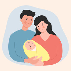 Dad, mom and baby happy family in flat design.