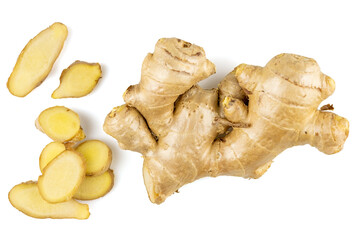 Fresh ginger rhizome sliced isolated on white background with clipping path
