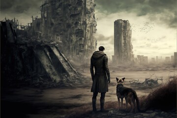A man with a dog in a world destroyed by the apocalypse