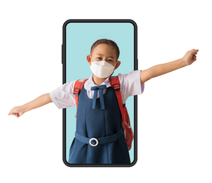 Asian school girl in uniform wear medical face mask with big smart phone frame