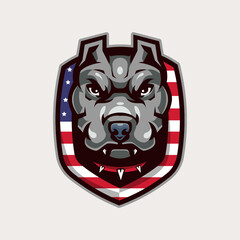 dog vector mascot logo design with modern illustration concept style for badge, emblem and tshirt printing. angry pit bull illustration with a necklace around the neck and shield american flag