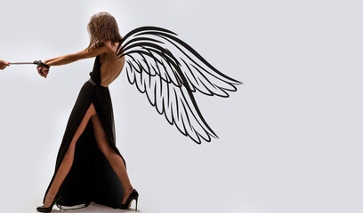 Sensual woman angel with wings. Valentines day panoramic photo banner. Bdsm, erotic games. Man dominating woman, temptation. Love, relations, dominating. Sexshop, foreplay. - obrazy, fototapety, plakaty