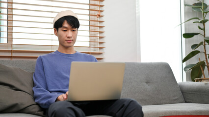 Handsome Asian man in casual clothes using laptop on sofa in his modern living room.
