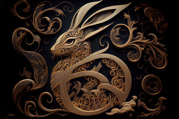 Cute Rabbit Intricate Design in Gold Reflected Chinese Lunar New Year 2023. Generative Ai