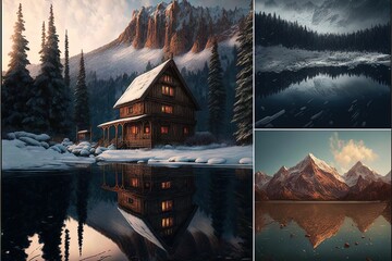 Winter's embrace: snowy mountains touching cloudy skies