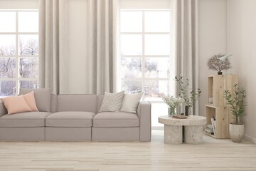 White living room with sofa and winter landscape in window. Scandinavian interior design. 3D illustration