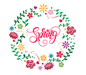 Spring text wreath vector design. Spring typography with colorful flowers and leaves garland for season greeting card background. Vector Illustration. 
