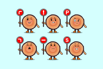 Cute Wood trunk cartoon character holding traffic sign illustration in modern 3d style design