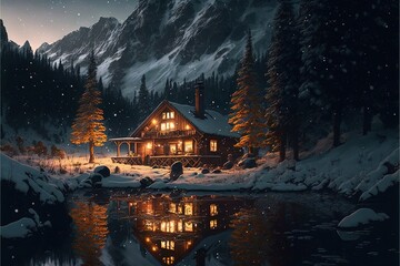 Fototapeta premium Winter Retreat: Wooden Cottage by the Lake with a Reflection of the Snowcapped Mountains