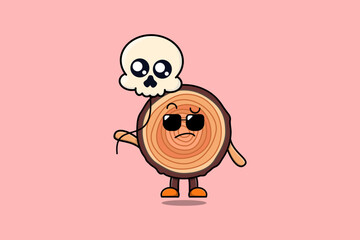 Cute cartoon Wood trunk floating with skull balloon in flat cartoon vector icon illustration