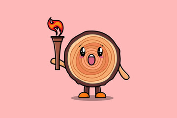 Illustration of cute Wood trunk cartoon character holding fire torch in flat modern design