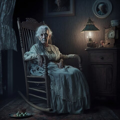 Old Decaying Ghost Woman in a Rocking Chair in a Haunted House. Undead Grandma. [Fantasy, Historic, Horror Character Portrait. Graphic Novel, Video Game, Anime, Comic, or Manga Illustration.]