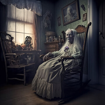 Old Decaying Ghost Woman In A Rocking Chair In A Haunted House. Undead Grandma. [Fantasy, Historic, Horror Character Portrait. Graphic Novel, Video Game, Anime, Comic, Or Manga Illustration.]