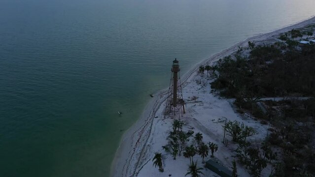 Sanibel, FL USA- 1-5-2023: Drone video orbiting over the Sanibel Lighthouse after hurricane Ian.