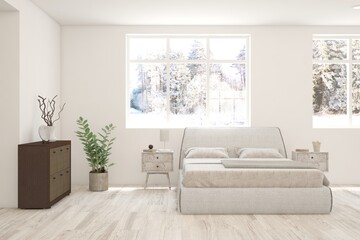 White bedroom interior. Scandinavian design. 3D illustration
