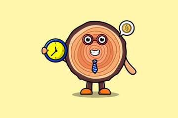 Cute cartoon Wood trunk character holding clock illustration with happy expression