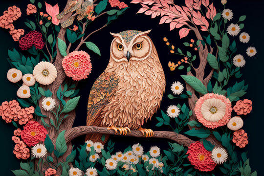 A painting of an owl sitting on a branch surrounded by flowers, Generative AI