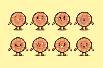 Set kawaii Wood trunk cartoon character with different expressions cartoon face vector illustrations