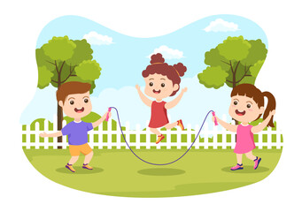 Obraz na płótnie Canvas Jump Rope Illustration with Kids Playing Skipping Wear Sportswear in Indoor Fitness Sport Activities Flat Cartoon Hand Drawn Templates