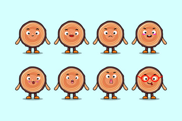 Set kawaii Wood trunk cartoon character with different expressions cartoon face vector illustrations