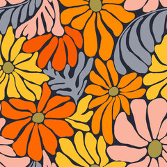 Beautiful old style 50s 70s retro floral seamless pattern with colorful flowers. Stock illustration.